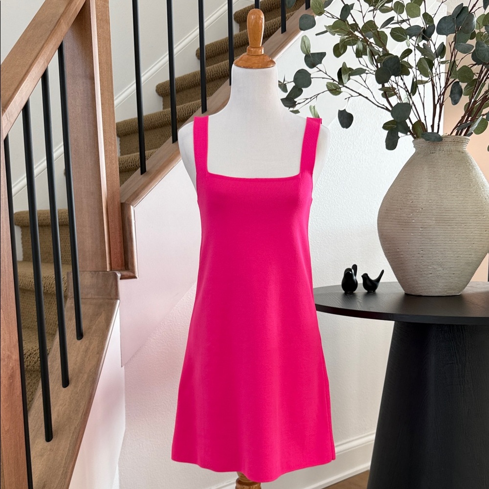 ZARA Hot Pink Mini Dress, Square Neck, Sleeveless Shift Dress Size S NWT